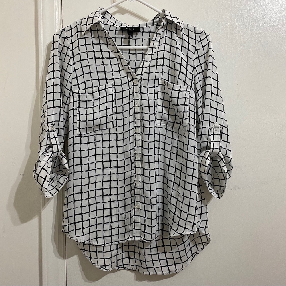 BCX Grid Print V Neck Tab Sleeve Button Down Top